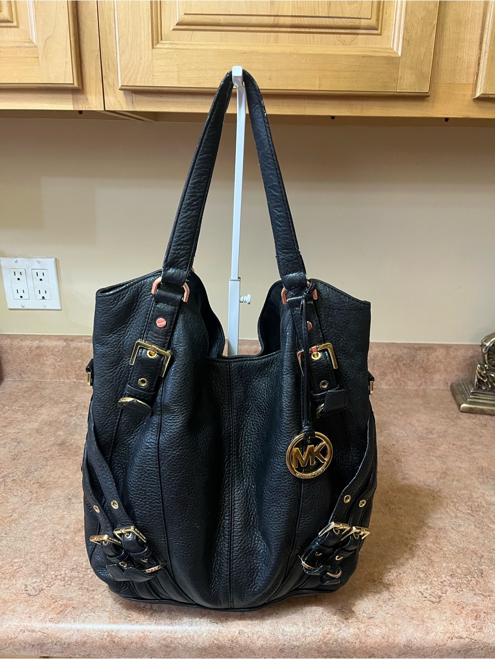Michael Kors Black Pebbled Leather Shoulder Bag with Gold Hardware